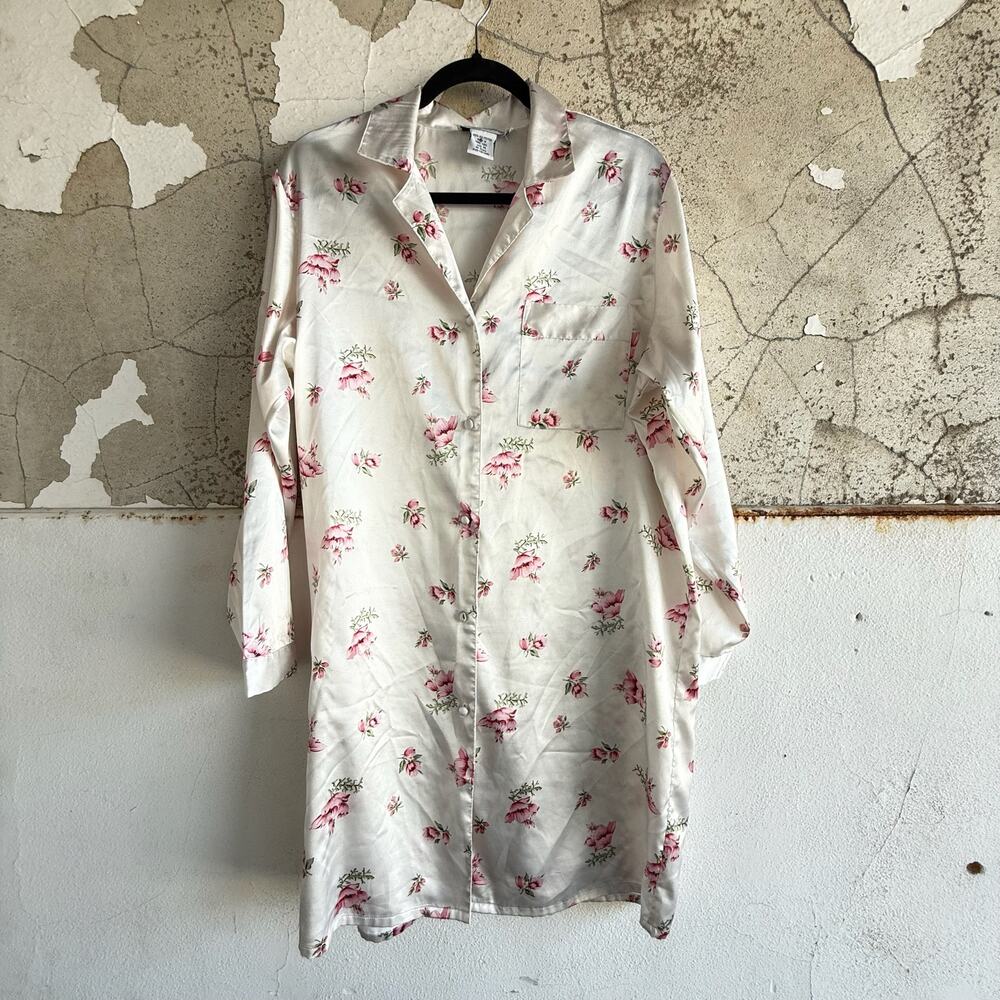 Vintage Floral Satin Nightshirt Button Up Shirt Dress Soft Girl Coquette‎ M